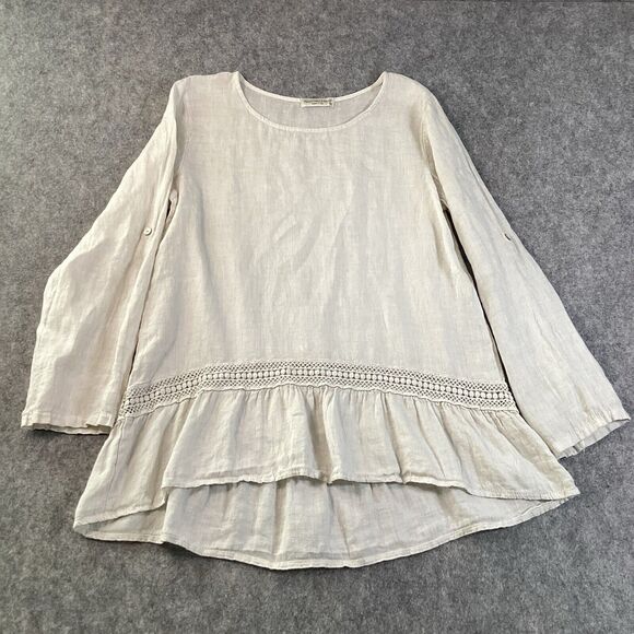 Terzo 100% Linen Roll Tab Sleeve Made In Italy Cotton Top Size M - Picture 4 of 13